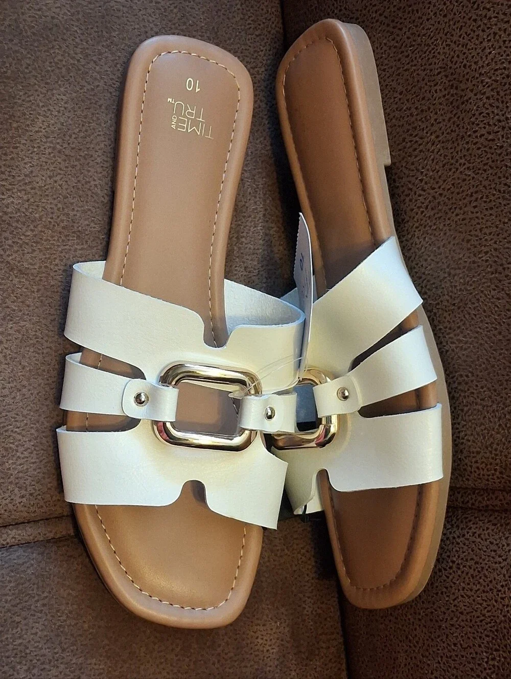 Time and Tru Embellished Slide Sandals with Goldtone Buckle White Size 10